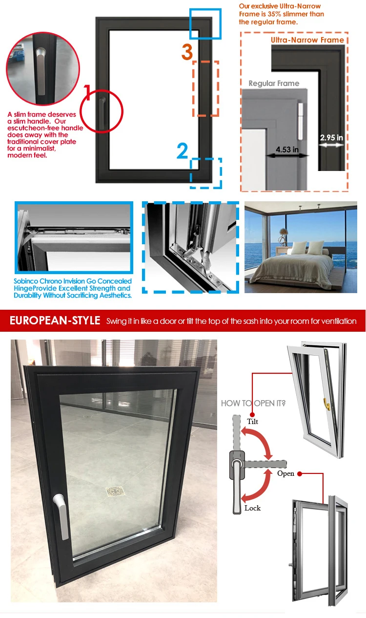 Minimal narrow frame design Good price high quality anti-deformation heat insulation aluminium windows