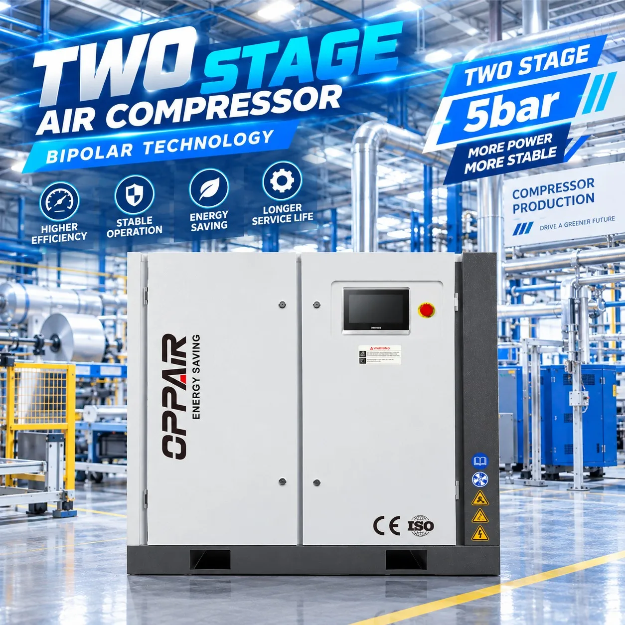 OPPAIR Two Stage Air Compressor 5bar Low Pressure - Bipolar Technology, Higher Efficiency, Energy Saving