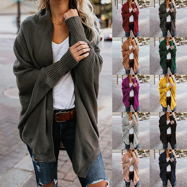 

Womens Waffle Batwing Long Sleeve Sweaters Open Front Knit Cardigan Sweater Chunky Oversized Outwear Coat