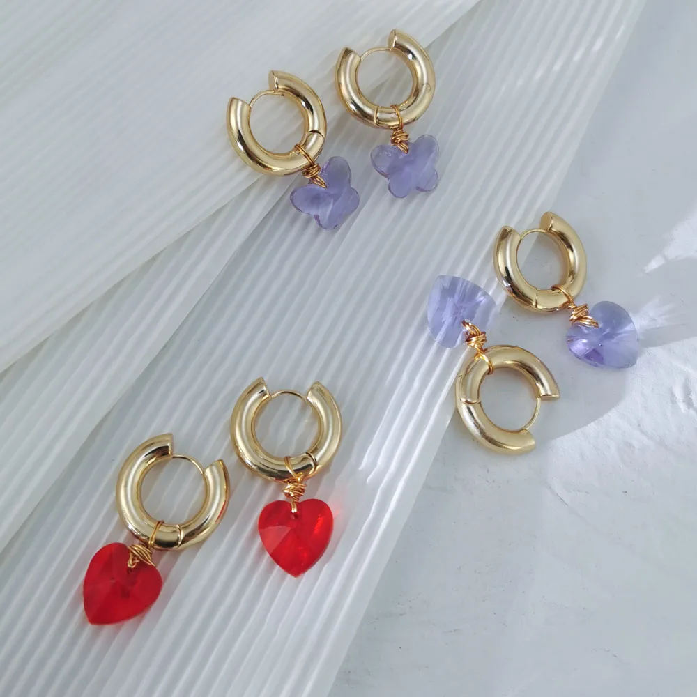 

18K Gold Plated Purple Glass Red Love Heart Earrings Chunky Circle Geometric Flower Earrings Elegant Minimalist Brass Jewelry