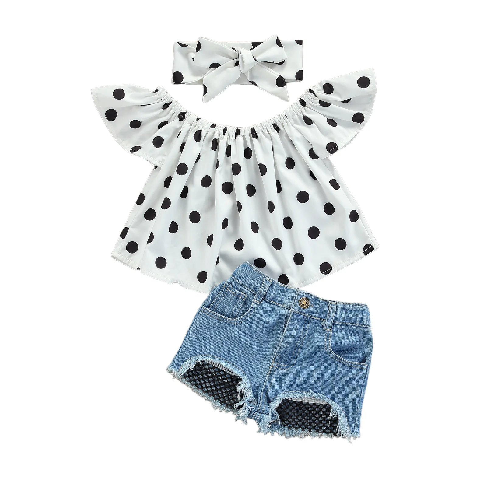 

Nian OEM pakaian anak perempuan top color matching denim shorts printing kids girls clothes, White