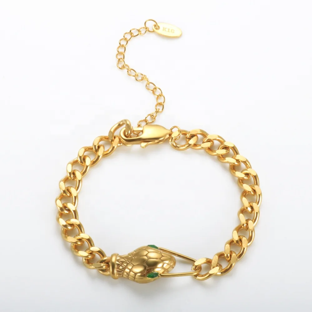 

Charming Jewellry Stainless Steel Jewelry Gold Plated Green Emerald Eyed Snake Charm Chain Bracelet Bangles, Gold, rose gold, silver