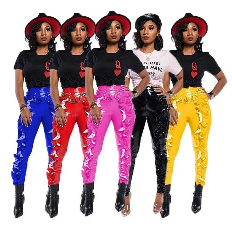 

Wholesale High Waist Zipper Agaric Edge Solid Fashion Clothing Woman Leather Pants