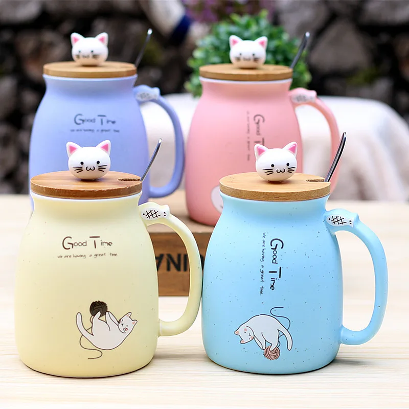 

450ml Cartoon Ceramics Cat Mug With Lid and Spoon Coffee Milk Tea Mugs Breakfast Cup Drinkware Novelty Gifts, Yellow,blue,pink,purple