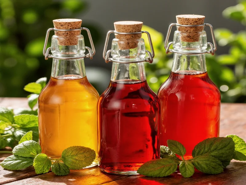 Three glass bottles of flavored syrups with herb garnishes