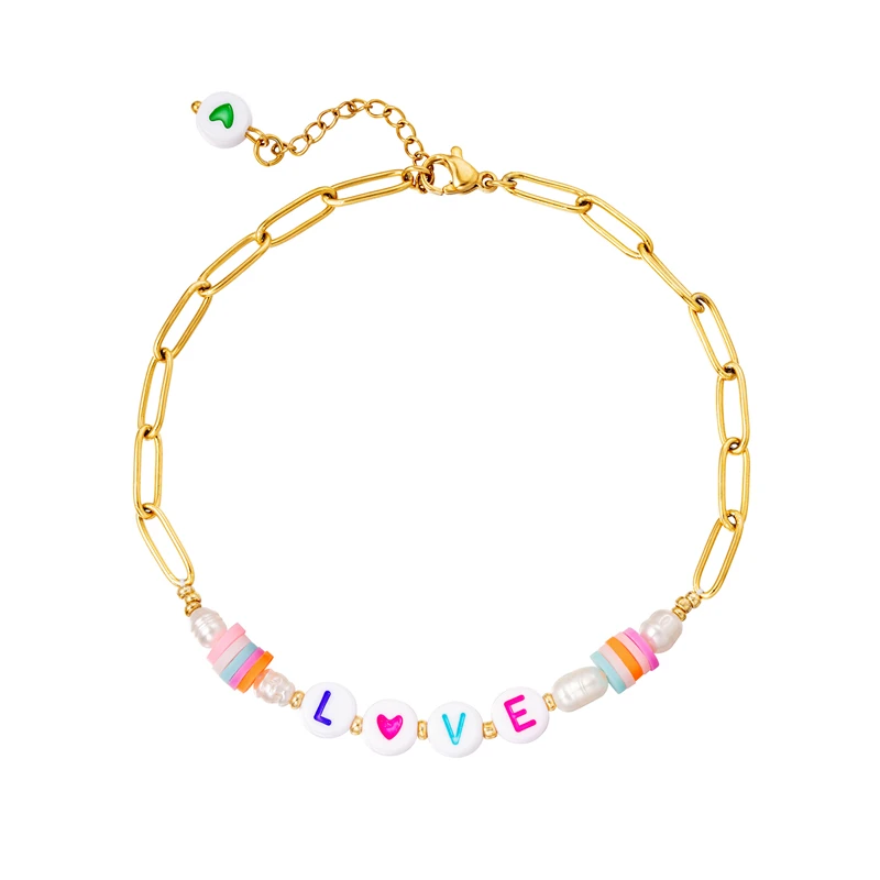 

ROXI ins niche design summer beach style glass pearl handmade LOVE HAPPY anklet, Gold/white