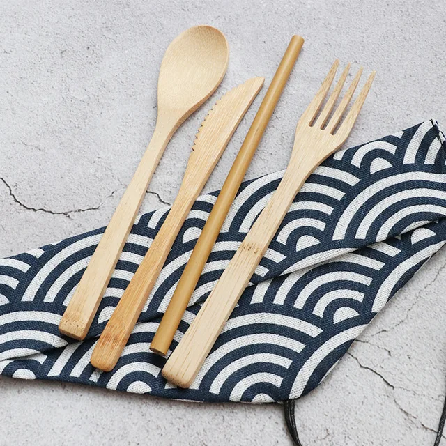 

Eco Friendly Bamboo Cutlery With Bag Wooden Fork And Spoon Chopstick Set