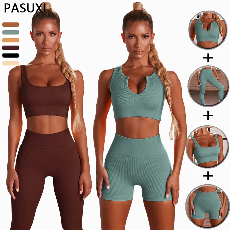 

PASUXI Popular Seamless Ribbed Yoga Set 3 Piece Sports Leggings Gym Clothes Fitness Tracksuit Workout Pants Set