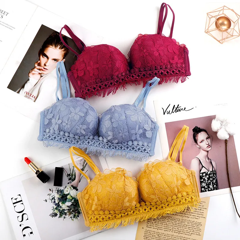 

Floral tassel lace bralette underwear set women comfort lingerie seamless no steel ring push up bra, Red