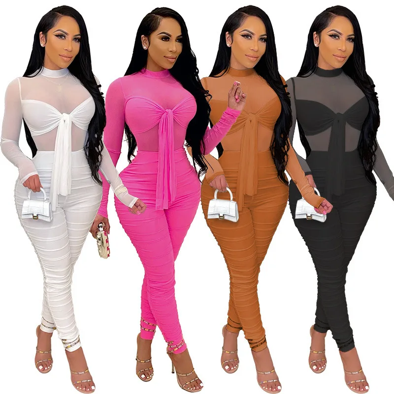 

JY043 Autumn fashion long sleeve mesh rompers 2022 sexy pleated jumpsuit women, Pictures showed