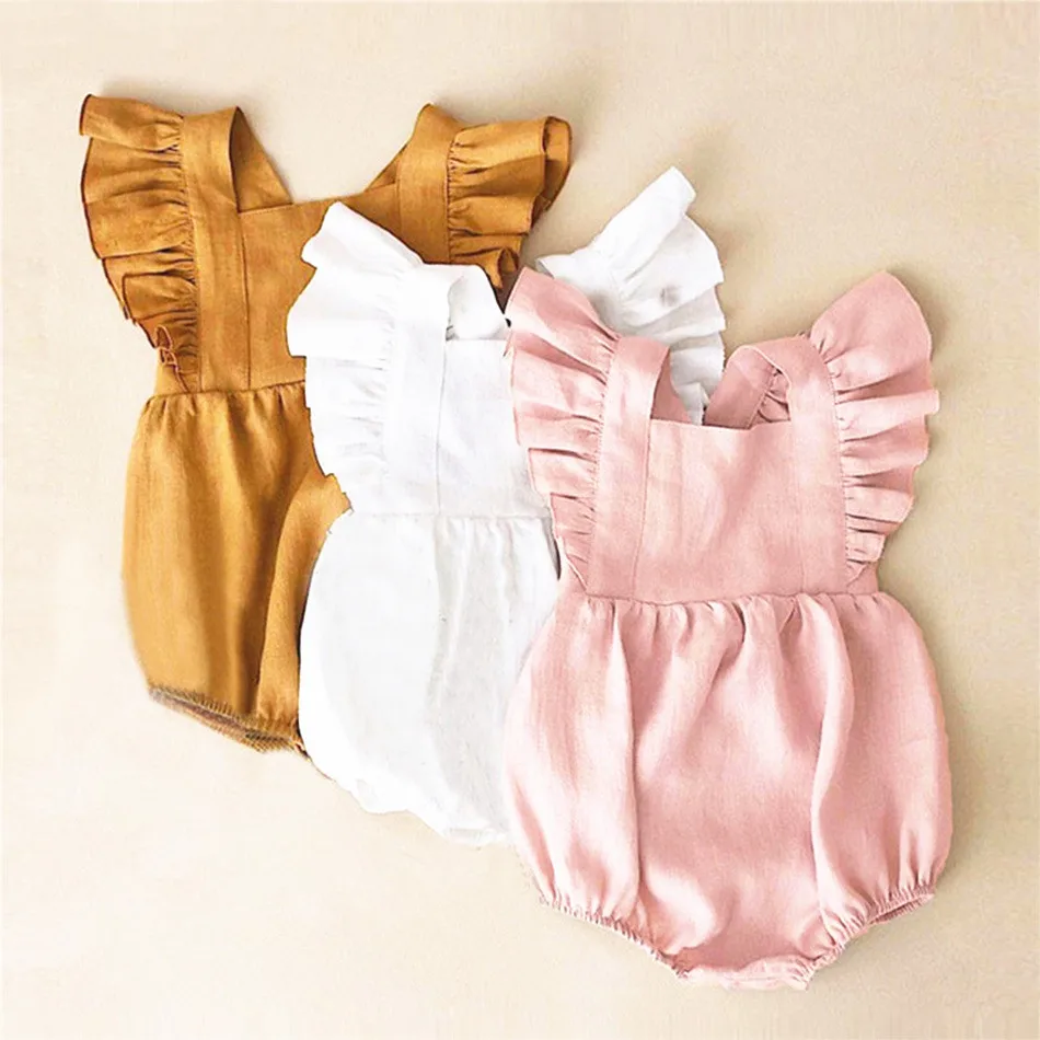 Cute Beautiful summer flutter sleeves baby clothes Baby girl linen ruffle rompers