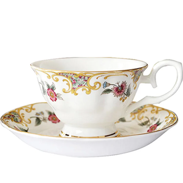 

In Stock Wholesale Porcelain Bone China Saucer European Style Set Retro Ceramic Golden Rim Tea Cup Coffee Cup