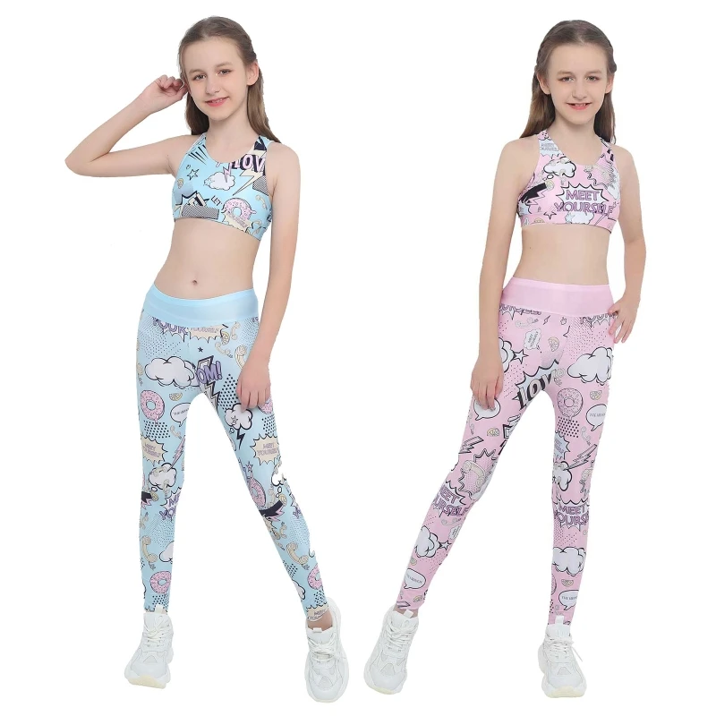 

Fashion Tracksuit Outfit Kids Girls Cartoon Print Crop Tank Top And Leggings Pants For Yoga Gymastics
