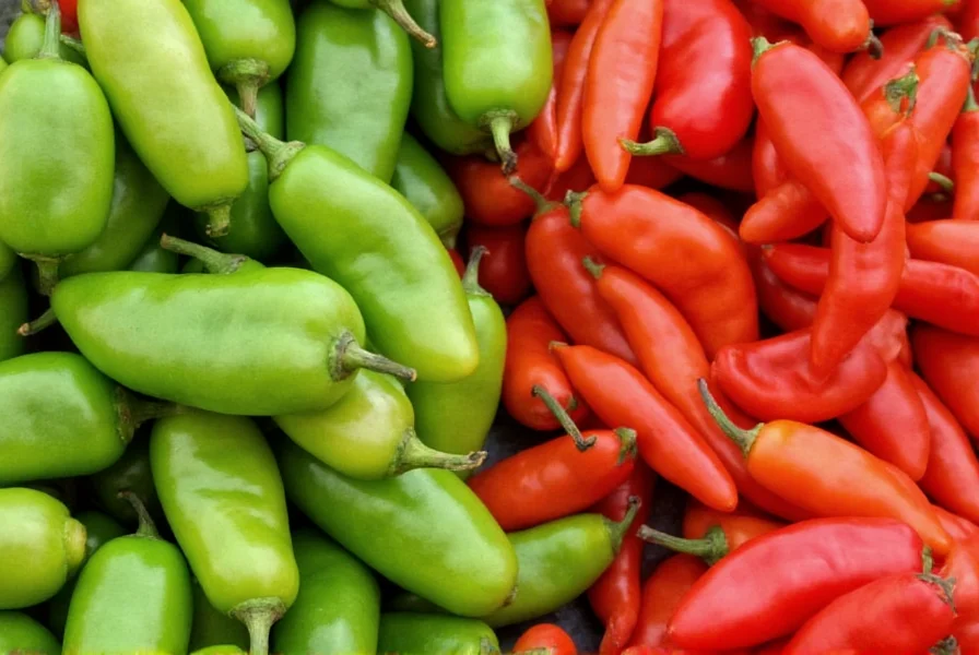 Selection of fresh green shoshito peppers next to red-ripe specimens showing color variation