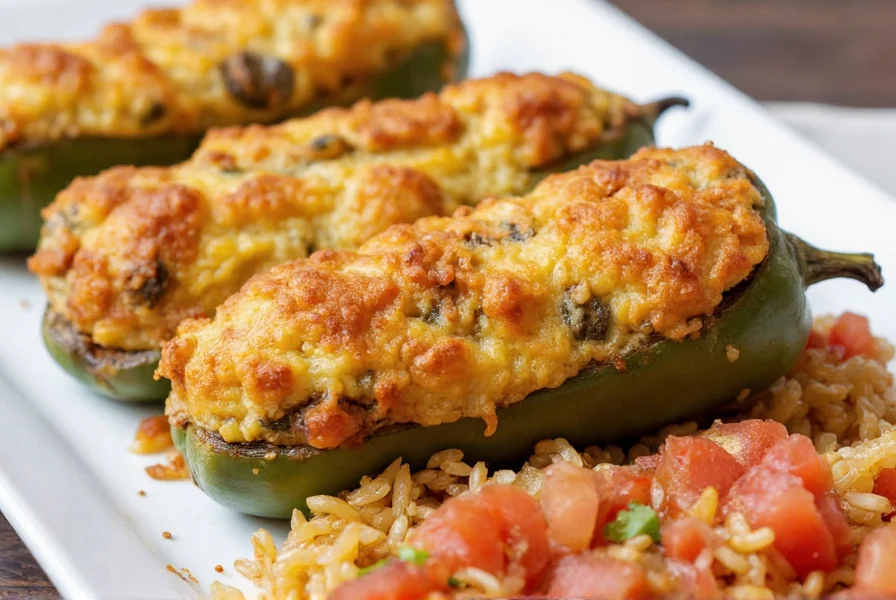 Golden brown stuffed poblano peppers served with tomato salsa and rice