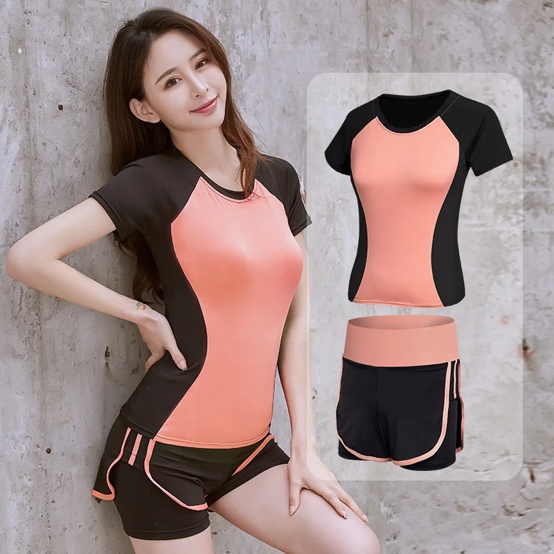 

Ladies fitness short-sleeved suit outdoor morning running yoga leisure quick-drying clothes summer sports running two-piece suit, Refer to pictures