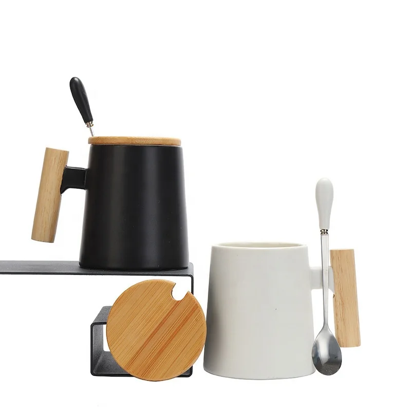 

Wholesale Custom Coffee mug Ceramic White Black Mugs With Wooden Handle And Bamboo Lid Coffee Mug Ceramic, Black,white
