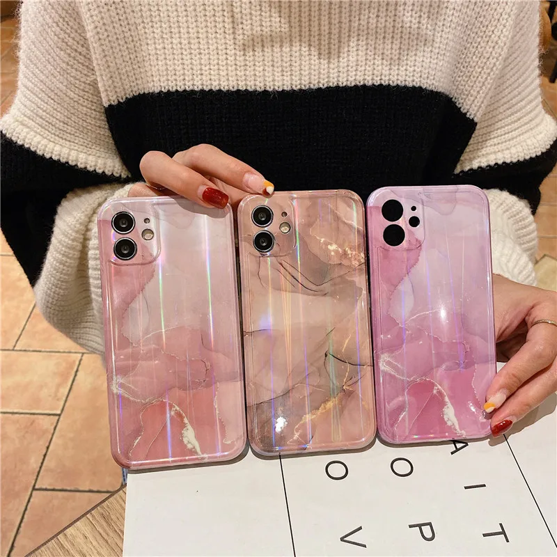 

Luxury Girls Glossy Laser IMD Marble TPU Phone Case Camera Lens Protection Cover For iPhone 12 11 Pro Max Mini, Mix
