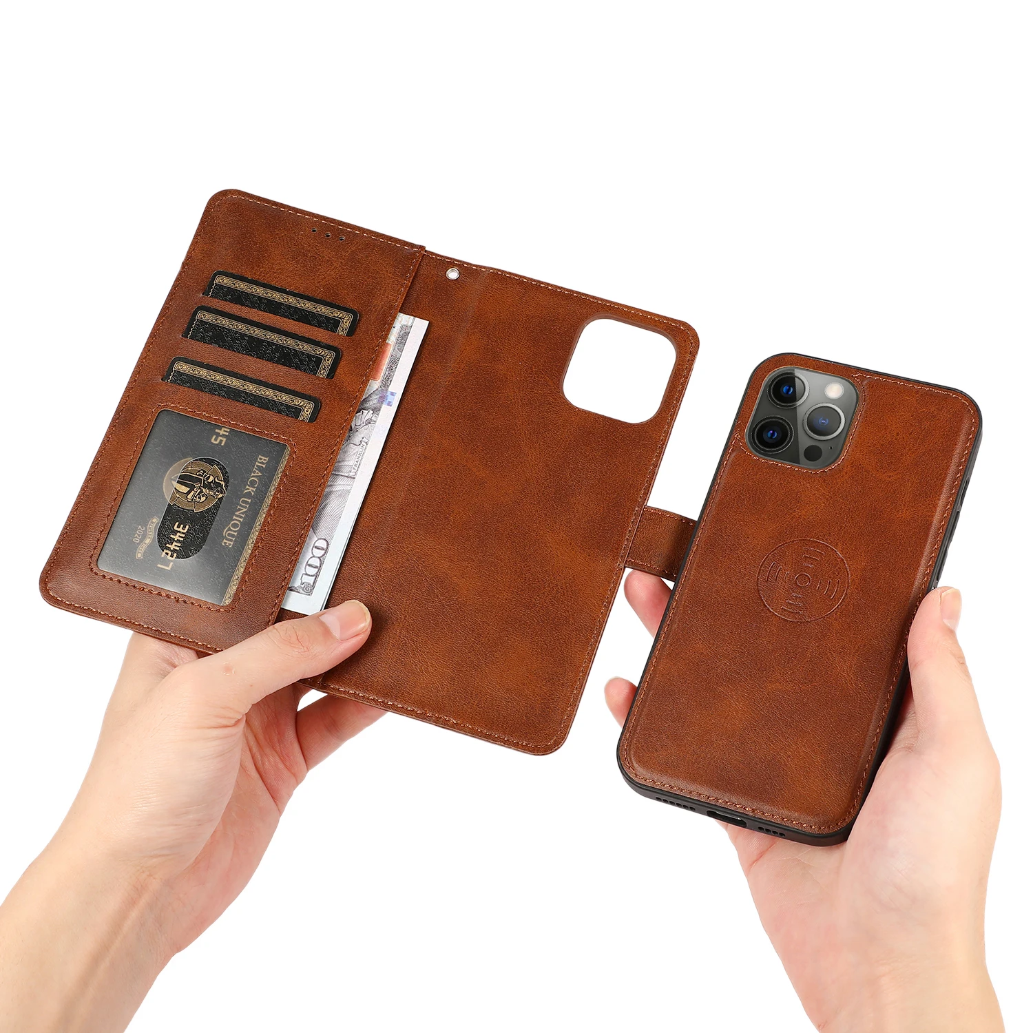 

Ultra-thin Retro PU Leather Flip Cover for iPhone 12 11 Pro Detachable Magnetic Wallet Card Holder Phone Case