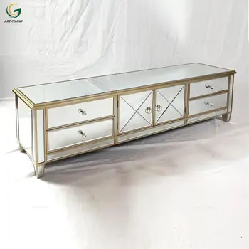 4 Drawer 2 Door Large Gold Wooden Trim Mirrored Tv Cabinet