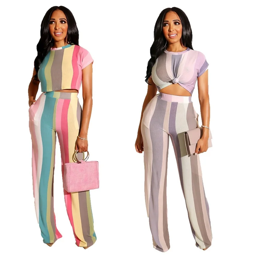 

Women's suit casual Conjuntos femininos summer sexy self-cultivation color vertical stripe nude suit