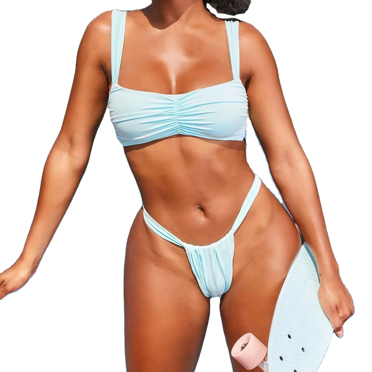 

Solid color high waist triangle swimsuit wrinkle design gathered swimsuit sexy women's Two Piece Bikini Swimsuit