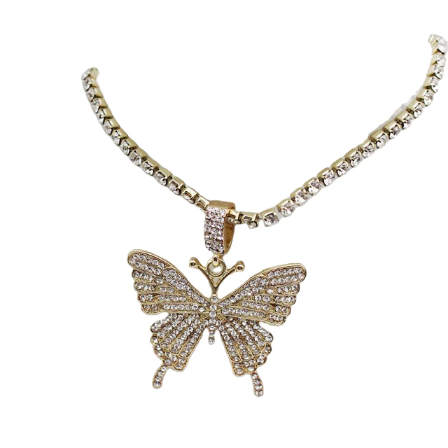 

Hot Sale Gold Silver Plated Crystal CZ Butterfly Tennis Choker Jewelry Charm Butterfly Necklaces For Women