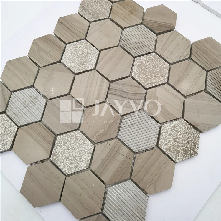 China Supplier Hot Sale Outside Wall Decorative Hexagon Grey Tile Irregular Stone Mosaic Tiles Golden Select Mosaic Wall Tile
