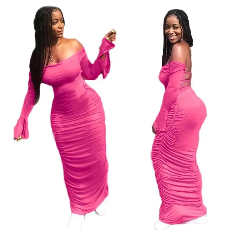 

Women Off Shoulder Sexy Bodycon Party Dresses Long Flare Sleeve Drawstring Pencil Elegant Maxi Dress Backless Stated Dresses, White/pink/black