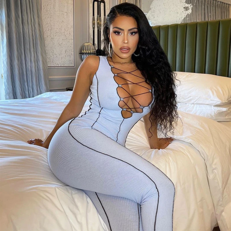 

HT Summer Sexy Ribbed Knitted Women Streetwear Bandage Tie Front Anti Car Line Solid Color Bodycon Jumpsuits, Picture show