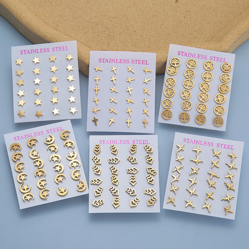 

Hot Sale Golden Earrings Set Stainless Steel 12 Pairs Of Earrings Cross Simple Star Men And Women Fashion Earrings, Gold color