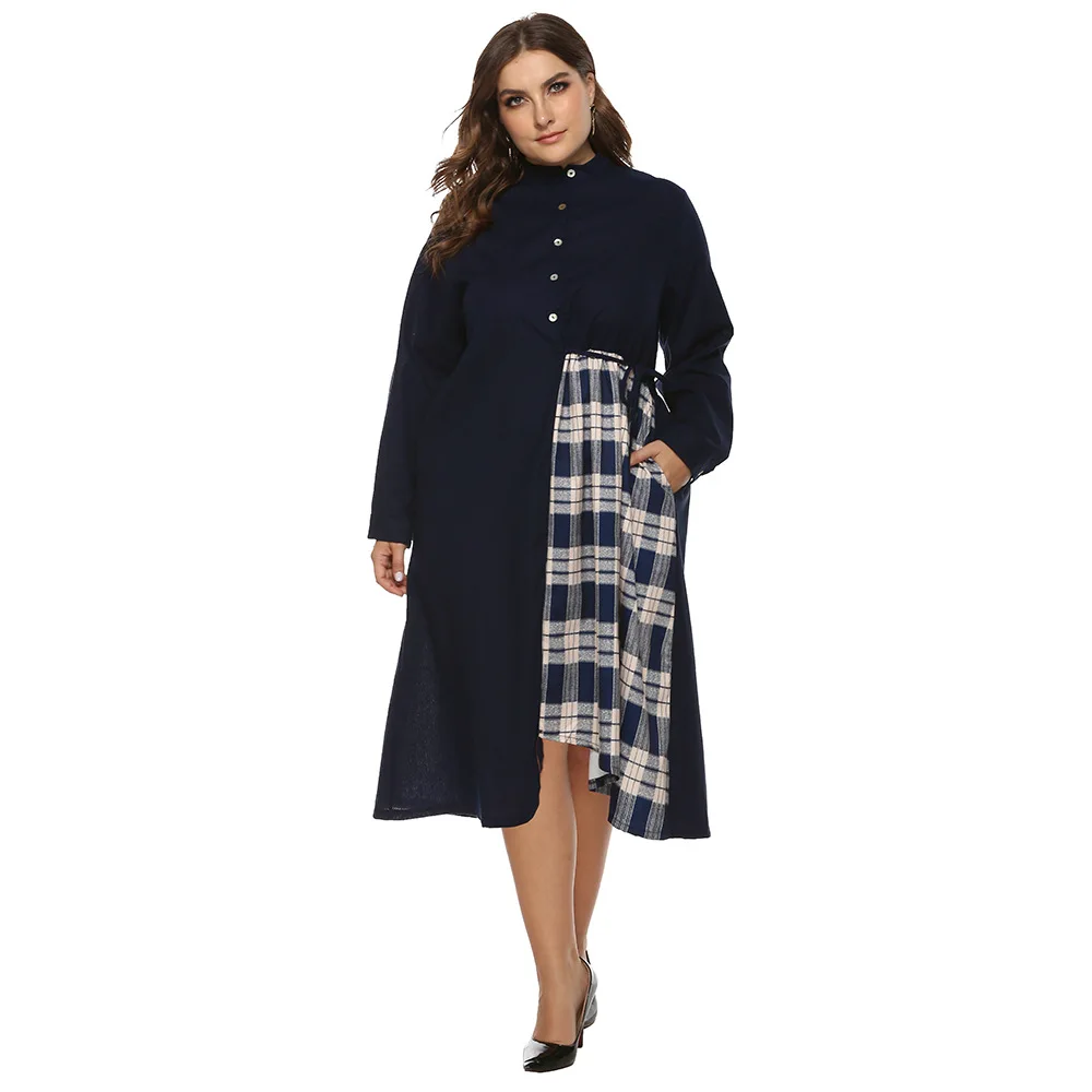 

LEX Plus size fat women clothing 2021 woman O Neck Long Sleeve asymmetrical Plaid patchwork loose Midi dress, Navy