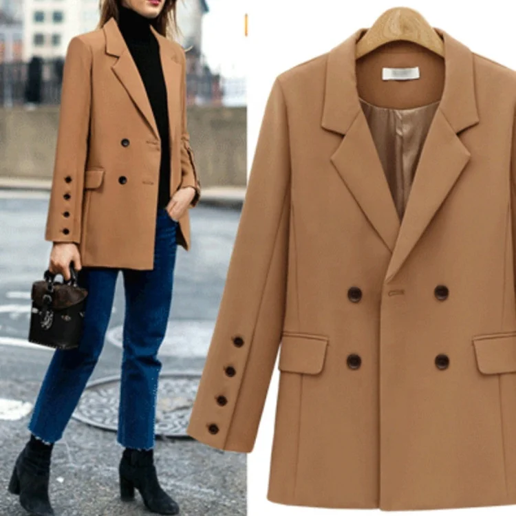 

Latest Lapel Collar Double-breasted Long Sleeve Blazer Casual Jacket Women
