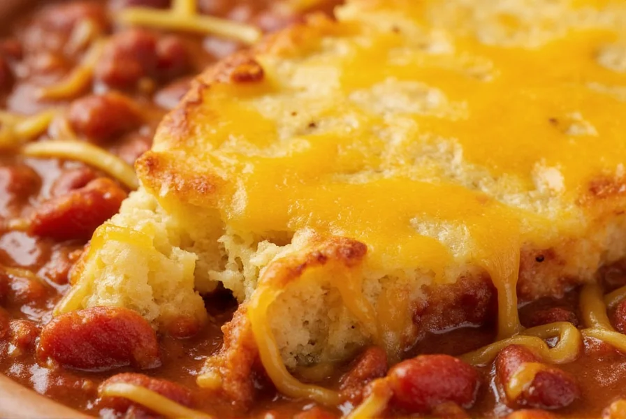 Close-up of cornbread and chili pairing with melted cheese on top showing perfect texture contrast