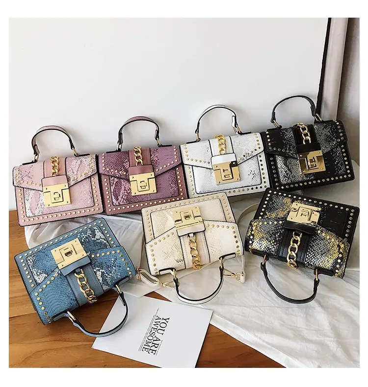

2020 fashion small luxury rivet chain flap snakeskin women handbags ladies shoulder square crossbody bag, 7 colors