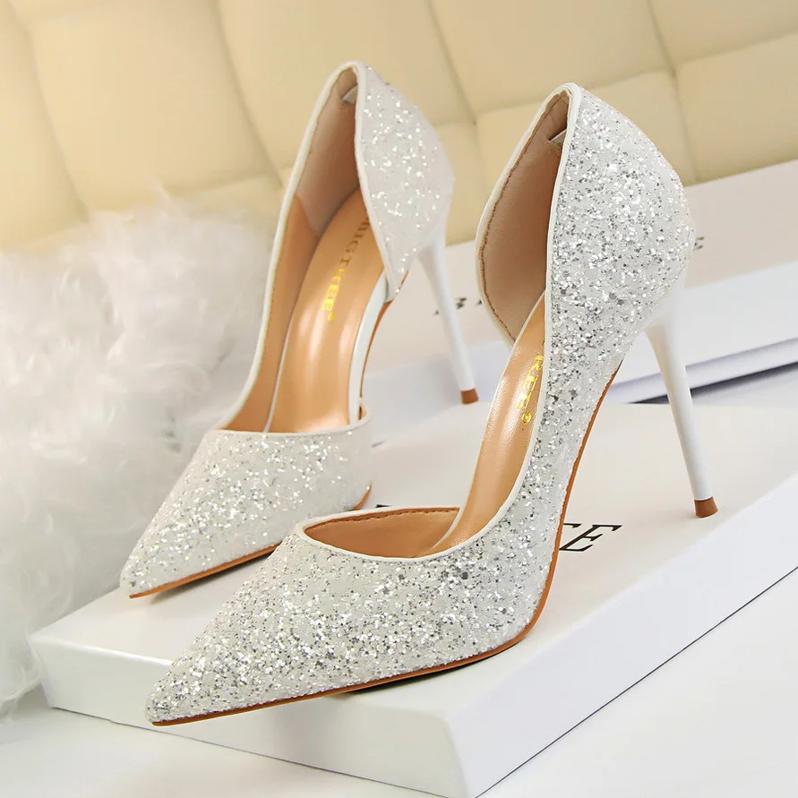 

White glitter sequins shining sexy 8cm pointed toe hollowed out thin high heel pretty women high heel shoes women pumps