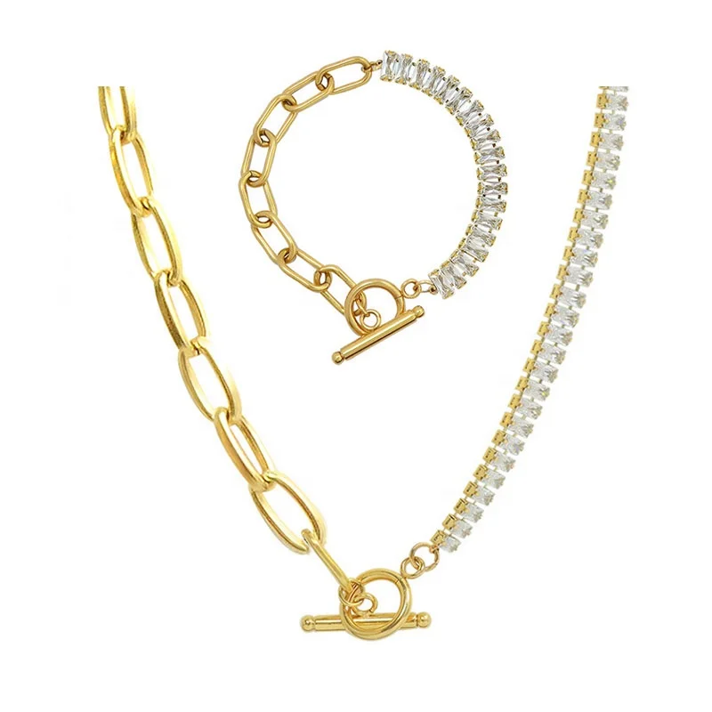 

2021 Paperclip Chain Stainless Steel 18K Gold Plated Bracelet Necklace Jewellery Sets Cubic Zirconia Jewelry for Women Girls, Pvd gold plating