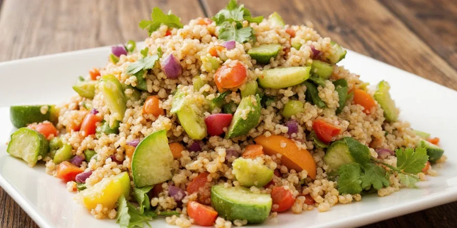 A colorful tabbouleh couscous salad served in a rustic bowl.