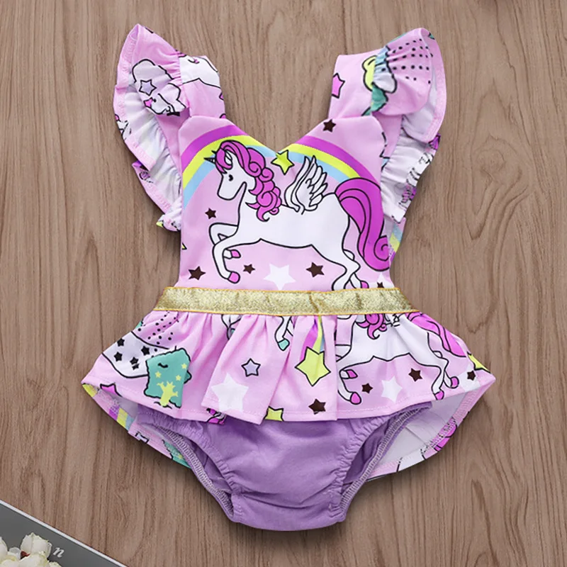 

wholesale Newborn Baby Girl Bodysuit fly Sleeve Bodysuit Unicorn Print Romper