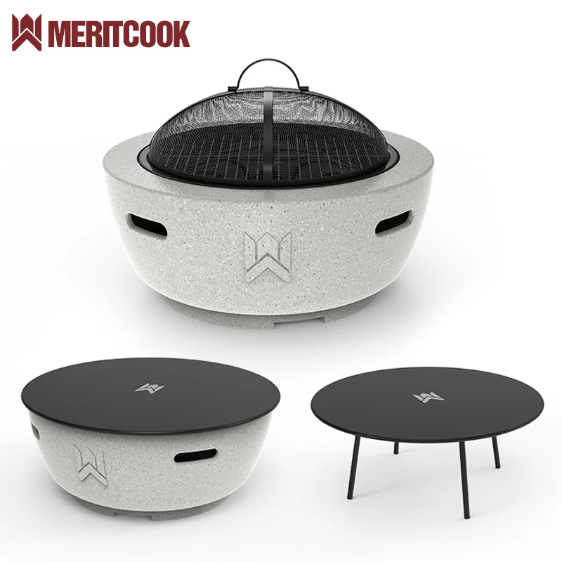 

Outdoor Magnesium Oxide Fire Pit Bowl BBQ Grill with Table Patio Heater Portable Camping Smokeless Stone MGO Brazier Fire Pit