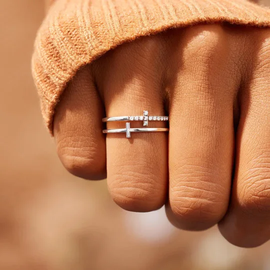 

Custom silver plated double cross zircon diamond adjustable open rings women 2022