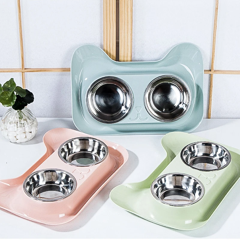 

2021 New Fashion Tri-color Stainless Steel Anti-fall, Non-slip, Smooth And Easy To Wash Plastic Pet Double Bowl, Customized color
