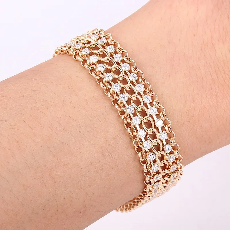 

Hip hop style gold plated with crystal Rhinestone wide bracelet Gold plated copper fadeless bracelet for women men Wedding gift