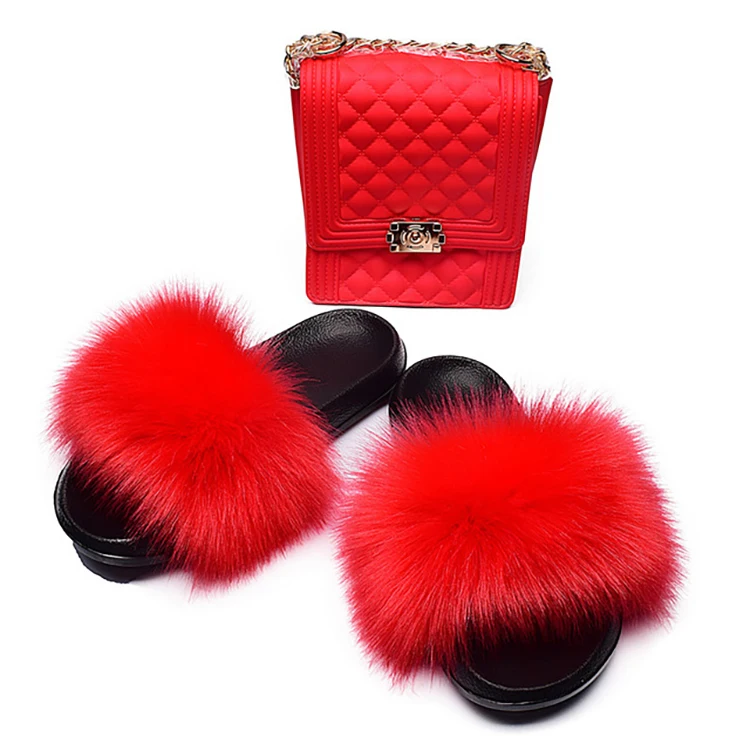 

Premium Quality Custom Faux Fur Slipper And Jelly Bag Lady Chain Bags Slippers And Shoes, Customized color