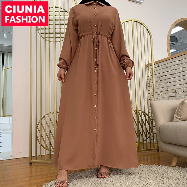 

6289# Modest women robe solid color long simple dress for muslimah daily wear full buttons design abaya muslim dress, Blue/black/navy/pink/brown/beige/maroon