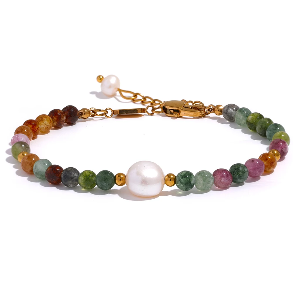 

JINYOU 890 Natural Tourmaline Stone Pearl beaded Fashion Colorful Bead Bracelets Bangle Wholesale Women Healing Charm Jewelry