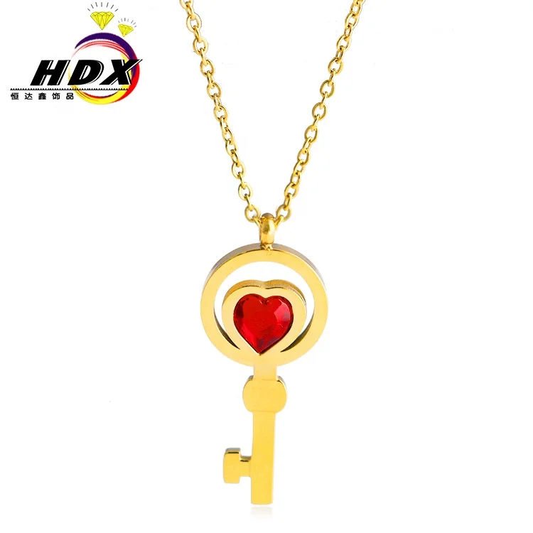 

Foreign trade stainless steel jewelry manufacturers source of production creative heart red diamond key necklace, Gold