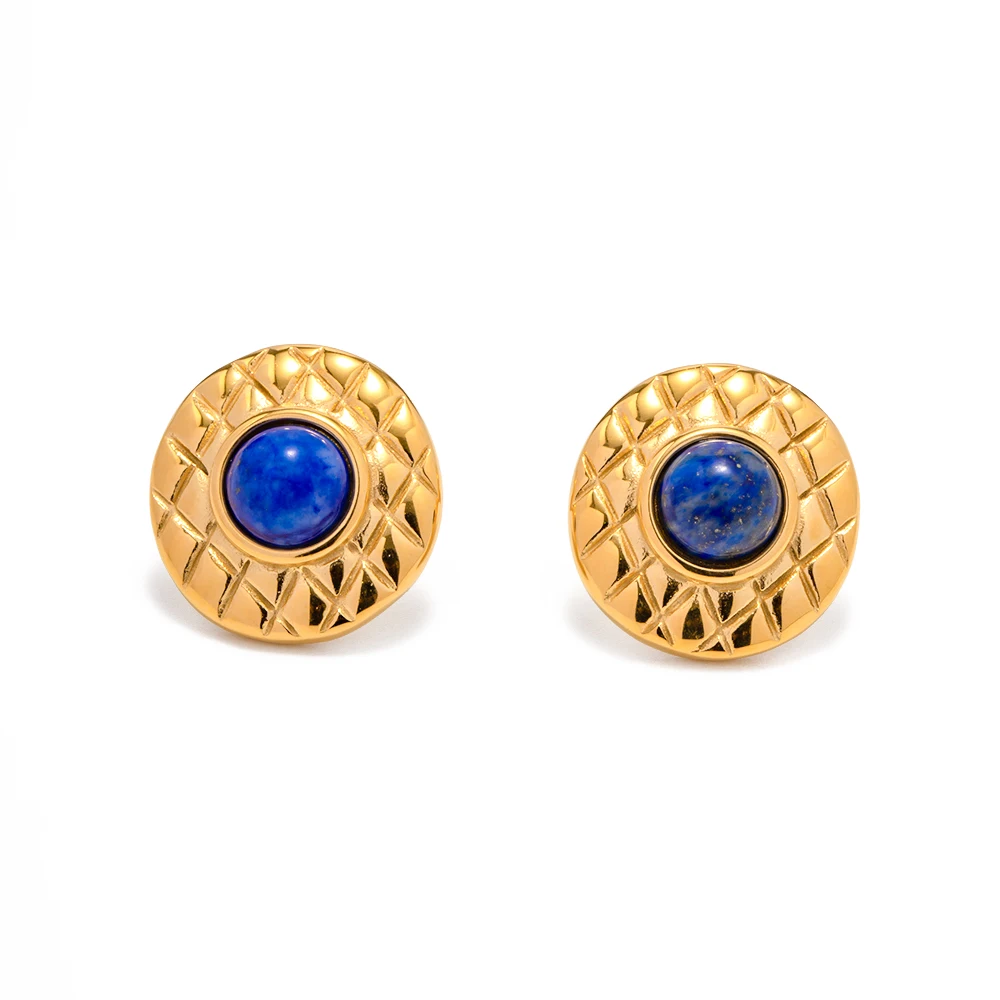 

Retro 18K Gold Plated Stainless Steel Jewelry Round Texture Inlaid Lapis Lazuli Stud Earrings for Women