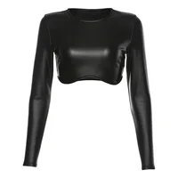 

2020 new fashion ladies wear black long sleeve leather crop tops
