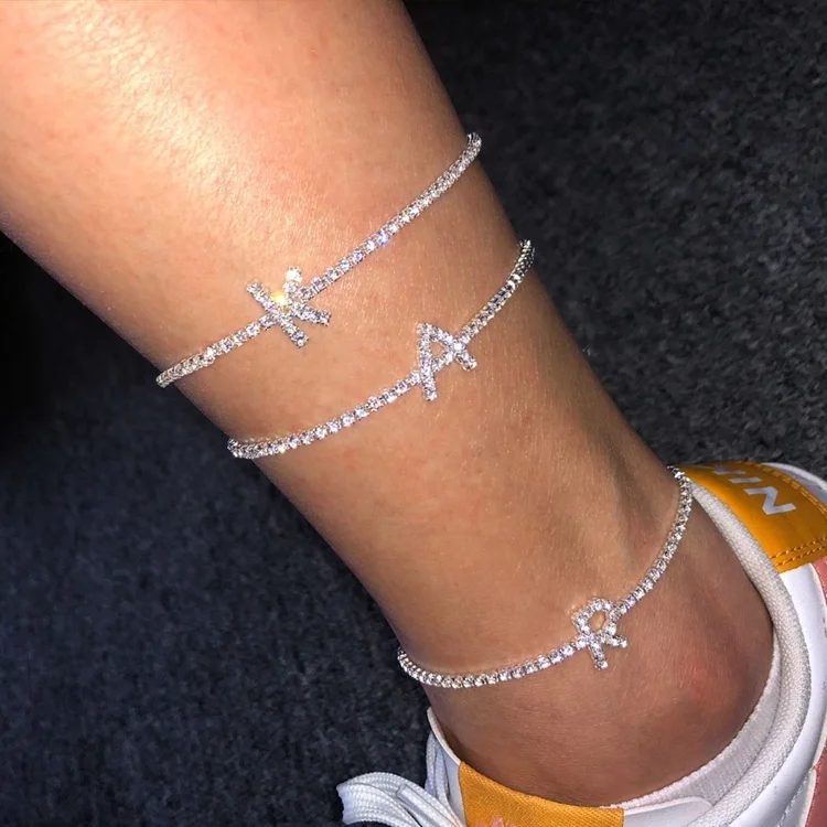 

Women Bling Tennis Chain Initial Alphabet Ankle Bracelet Jewelry Silver Color Rhinestone Letter Anklet, Gold/sliver